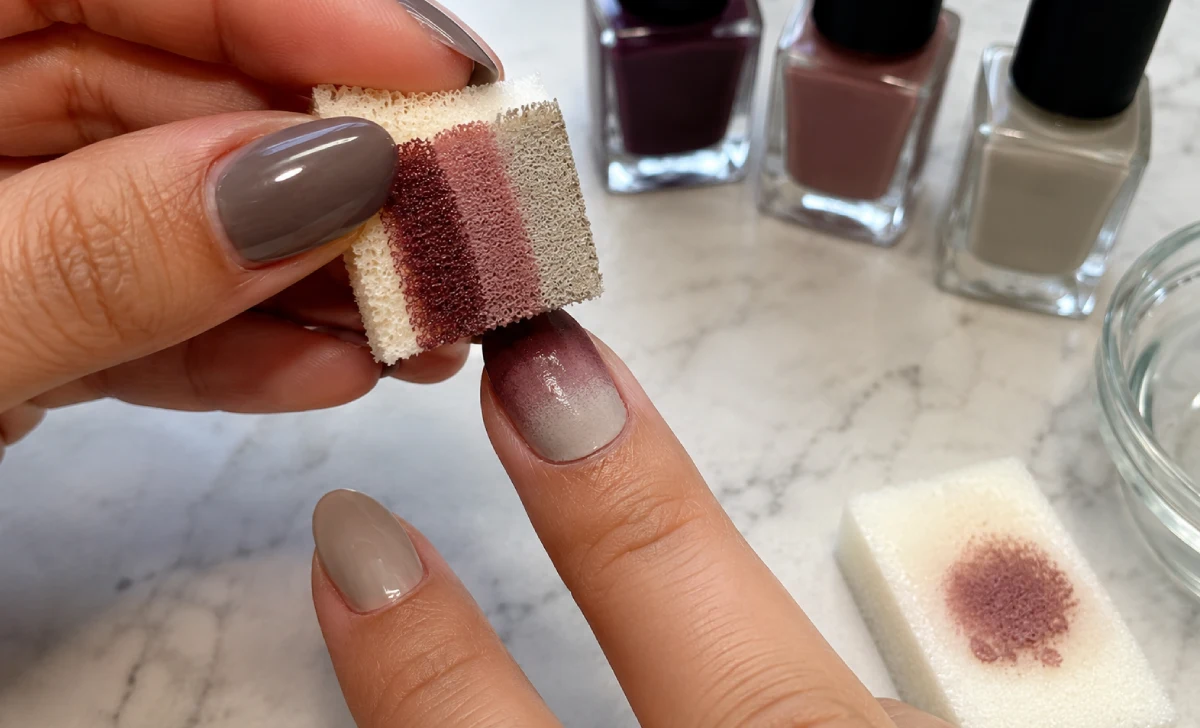 Makeup sponge blending gradient nail polish colors onto a fingernail