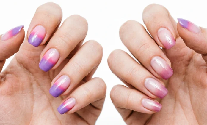 Gradient vs ombre nails side by side comparison showing horizontal blend and vertical light to dark fade