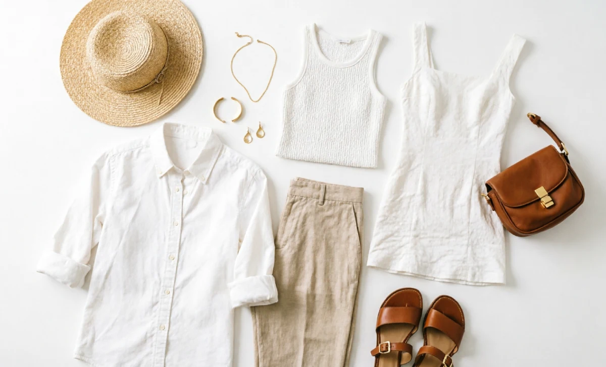 Flat lay of greece trip outfits capsule wardrobe with linen trousers, dresses, sandals and straw hat for Greek islands