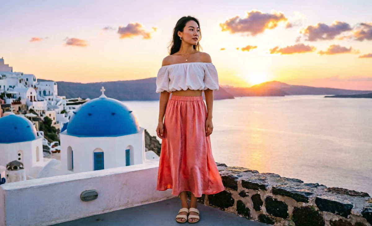 Woman wearing greece trip outfits for sunset dinner — off-shoulder top, midi skirt, gold jewelry in Oia Santorini