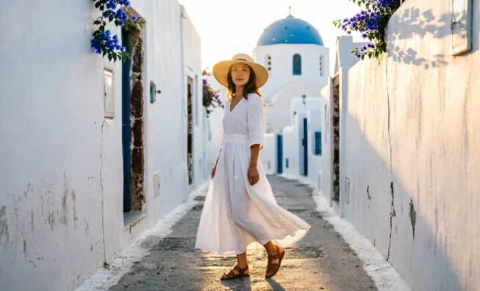 greece trip outfits – white linen dress Santorini Woman in white linen dress and straw hat on Santorini cobblestone street — greece trip outfits