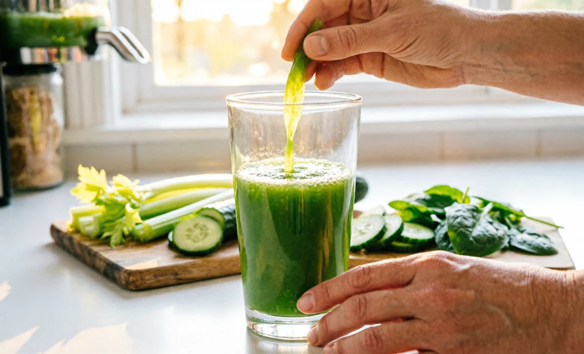 Hands pouring fresh green juice benefits into a glass during a five-minute morning kitchen routine using a cold-press juicer with spinach and celery on the counter.