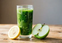 Green Juice Benefits Explained: Your Complete Daily Guide to Energy and Glowing Skin A glass of fresh green juice benefits your energy and skin — made with kale, spinach, celery, and cucumber on a wooden table.