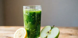 A glass of fresh green juice benefits your energy and skin — made with kale, spinach, celery, and cucumber on a wooden table.