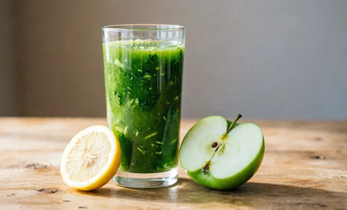 Green juice benefits: fresh kale and spinach juice for daily energy, glowing skin, and better digestion. A glass of fresh green juice benefits your energy and skin — made with kale, spinach, celery, and cucumber on a wooden table.