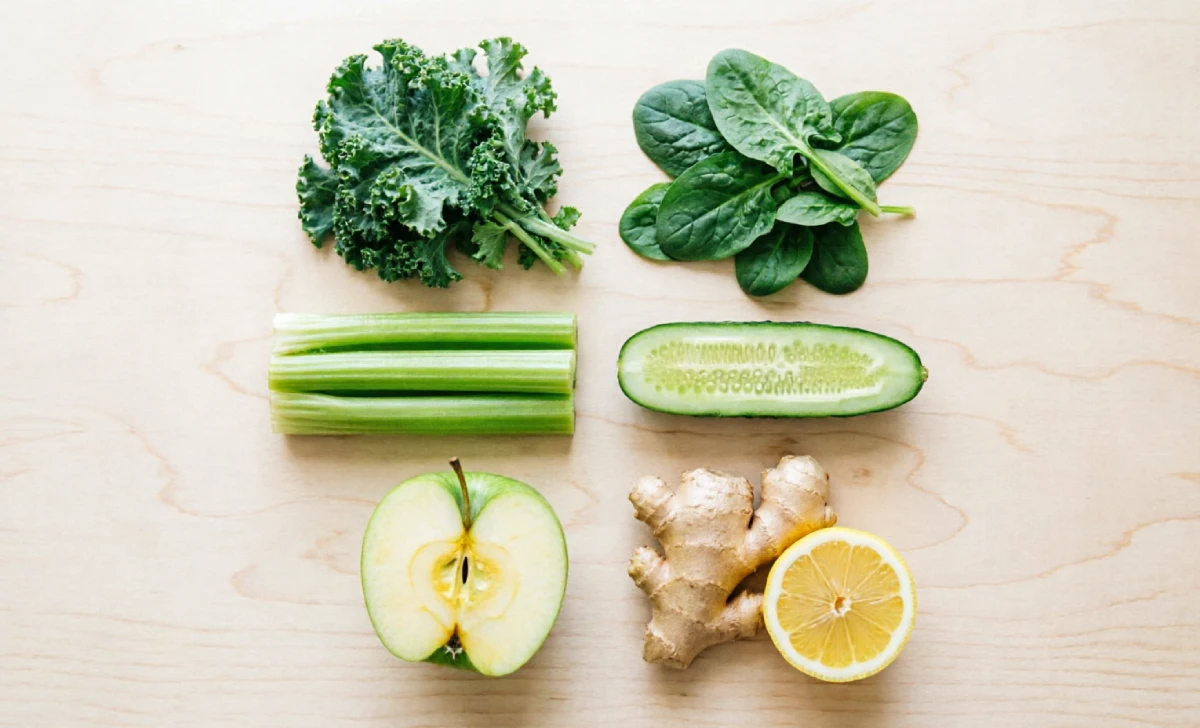 Fresh green juice ingredients including kale, spinach, celery, cucumber, green apple, and ginger laid out on a wooden surface showing the nutritional powerhouse inside every glass.