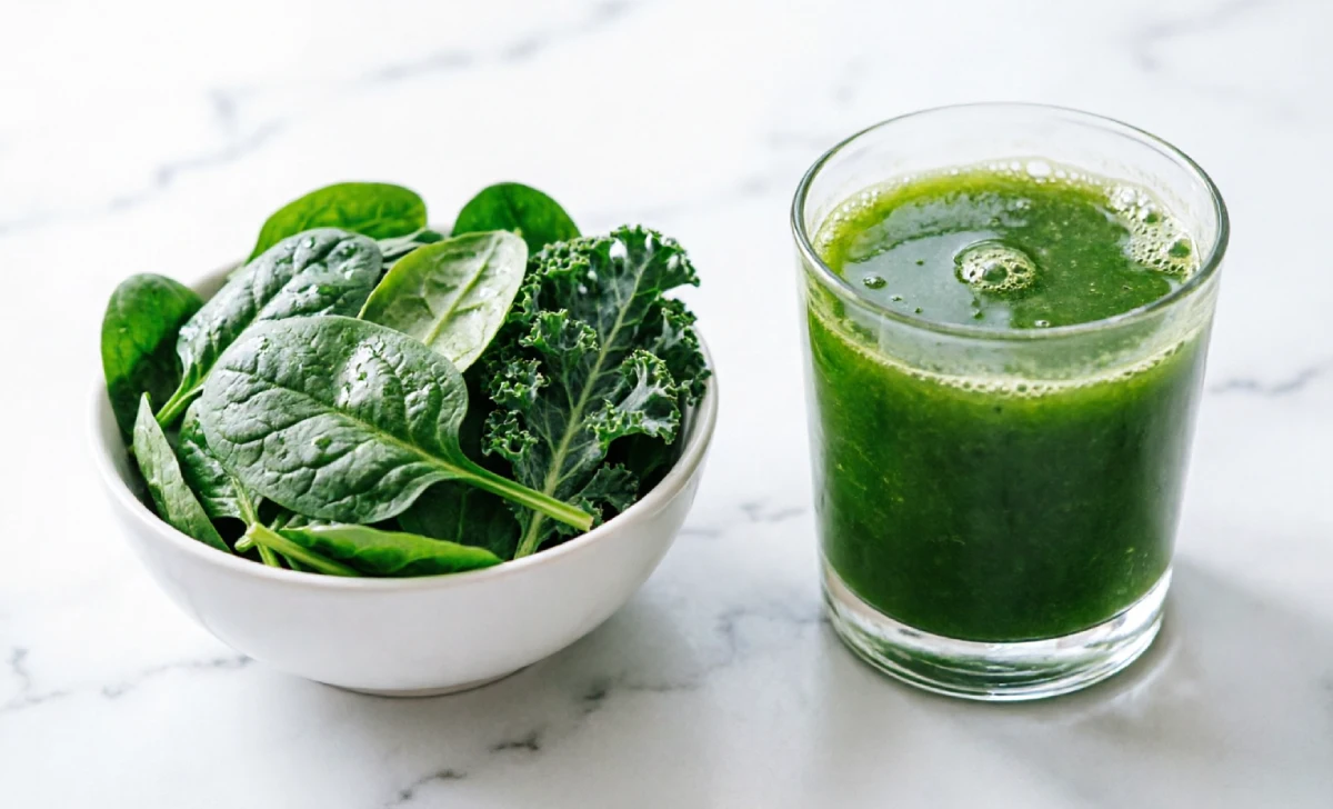 Whole fresh spinach in a bowl beside a clear glass of green juice showing the difference between eating vegetables and juicing for green juice benefits and side effects.