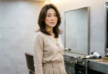Haircut That Makes You Look Younger: 7 Cuts That Lift Your Face Woman with a layered haircut that makes you look younger, soft face-framing waves, collarbone length in warm salon light