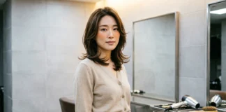 Woman with a layered haircut that makes you look younger, soft face-framing waves, collarbone length in warm salon light