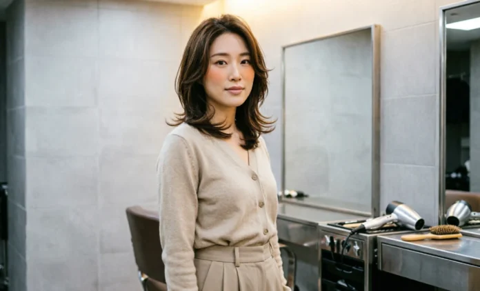 Woman with a layered haircut that makes you look younger, soft face-framing waves, collarbone length in warm salon light