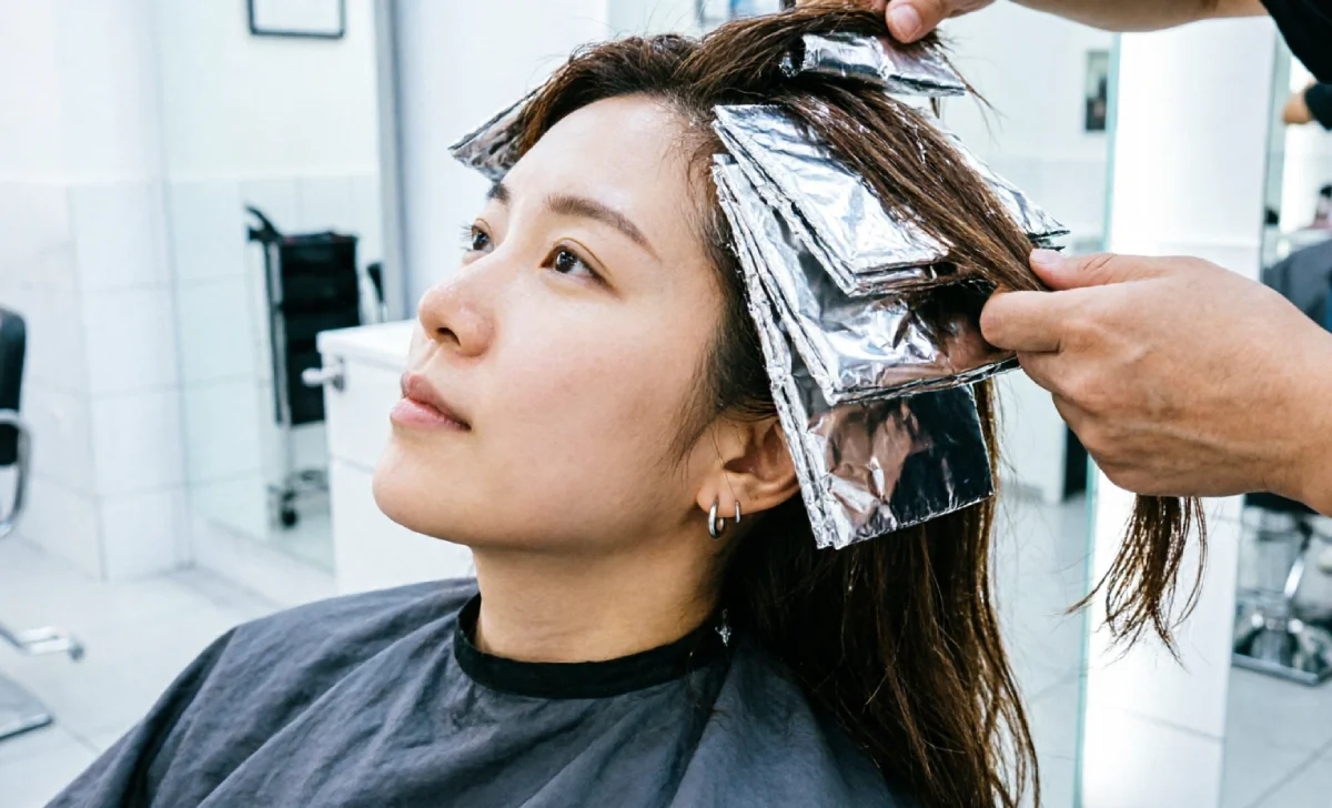 Colorist placing foils on top sections only to show half head highlights coverage area