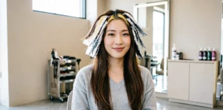 Woman getting half head vs full head highlights done in a professional salon chair
