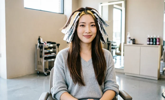 Woman getting half head vs full head highlights done in a professional salon chair