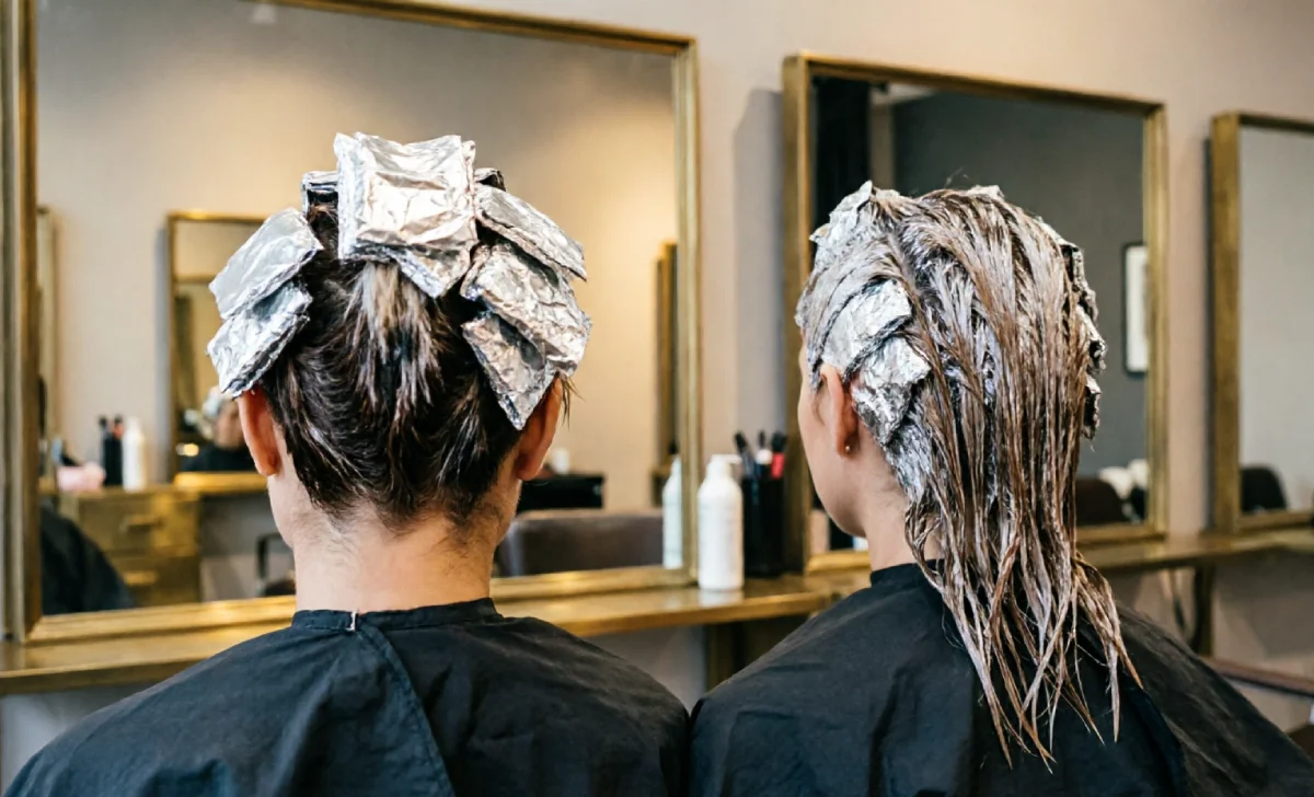 Side by side photo showing half head vs full head highlights foil density difference on two women in a salon