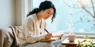Person journaling as part of a mindful health and wellness routine.