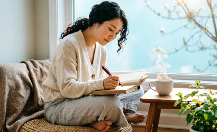 Person journaling as part of a mindful health and wellness routine.
