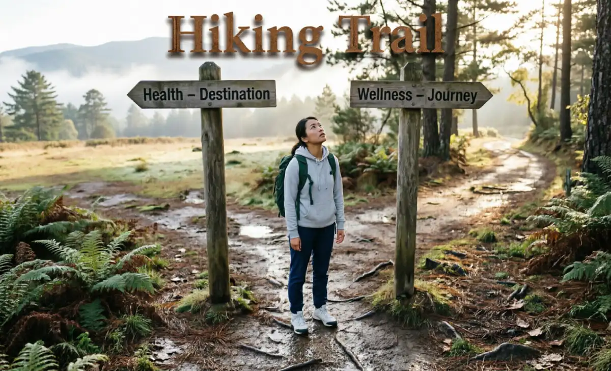 Trail signs reading Health Destination and Wellness Journey, illustrating the difference between health and wellness.