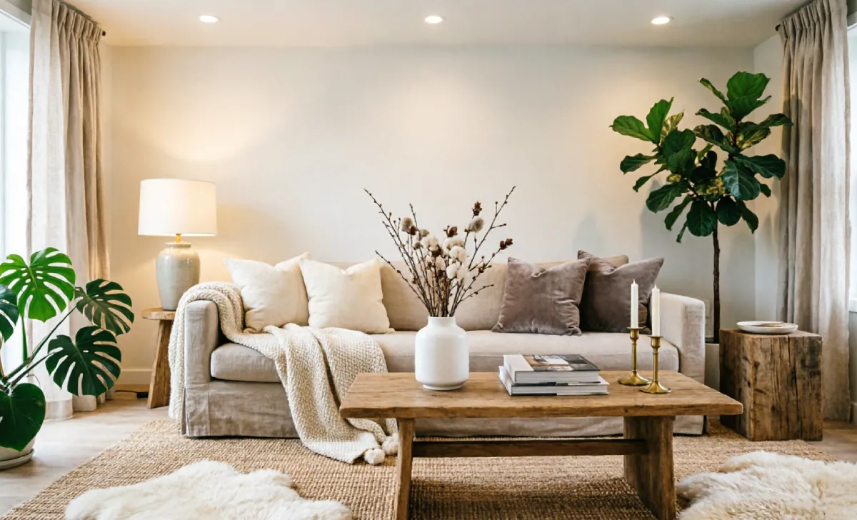 Home styling tips showing layered textures including chunky knit throw velvet pillows woven rug and natural materials for warmth