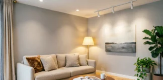 Beautiful living room demonstrating home styling tips with balanced furniture, textures, plants and warm ambient lighting