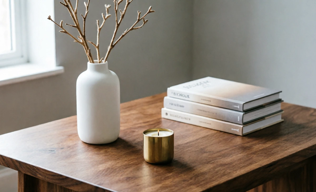 Home styling tips demonstrating rule of thirds principle with three objects of varying heights arranged on coffee table