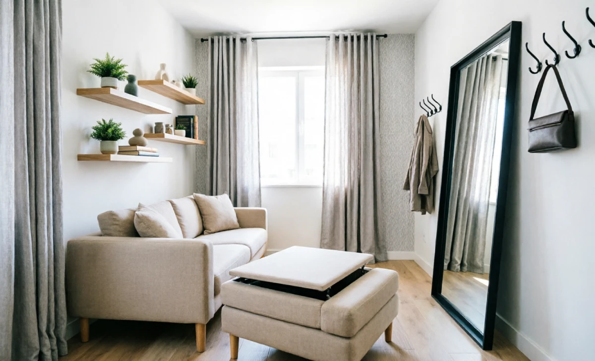 Home styling tips for small spaces showing renter-friendly solutions with multi-functional furniture leaning mirror and vertical storage