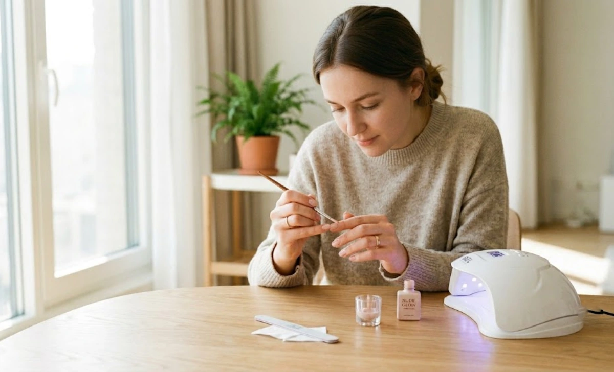 woman applying korean gel nail polish at home with LED lamp on a clean wooden table