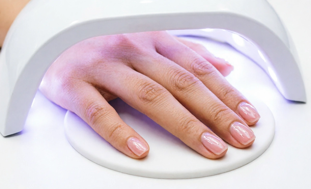 Hand inside LED nail lamp curing gel — correct position for how to do gel nails at home with LED light