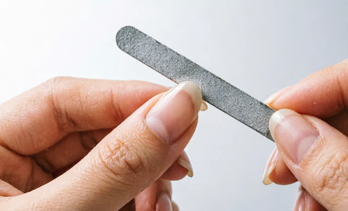 Close-up of hands filing a nail into an almond nail shape using a 180-grit nail file at home