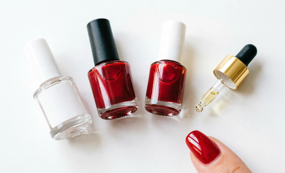 Home manicure tools for a salon-quality red nail result — base coat, red polish, top coat, and cuticle oil on a white surface