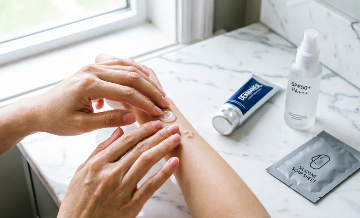 Woman applying healing ointment and sunscreen as aftercare after learning how to remove beauty marks