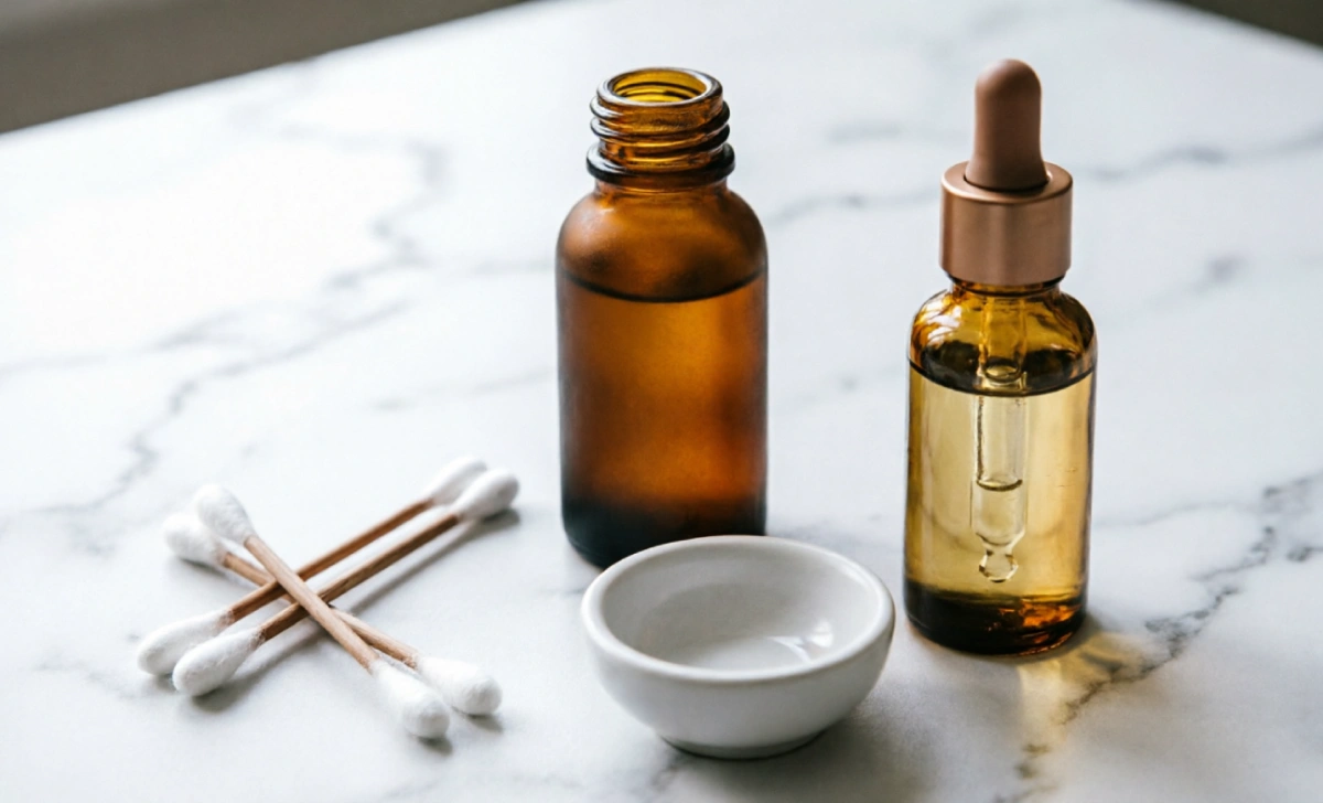 Apple cider vinegar and tea tree oil on marble — natural home remedies for how to remove beauty marks