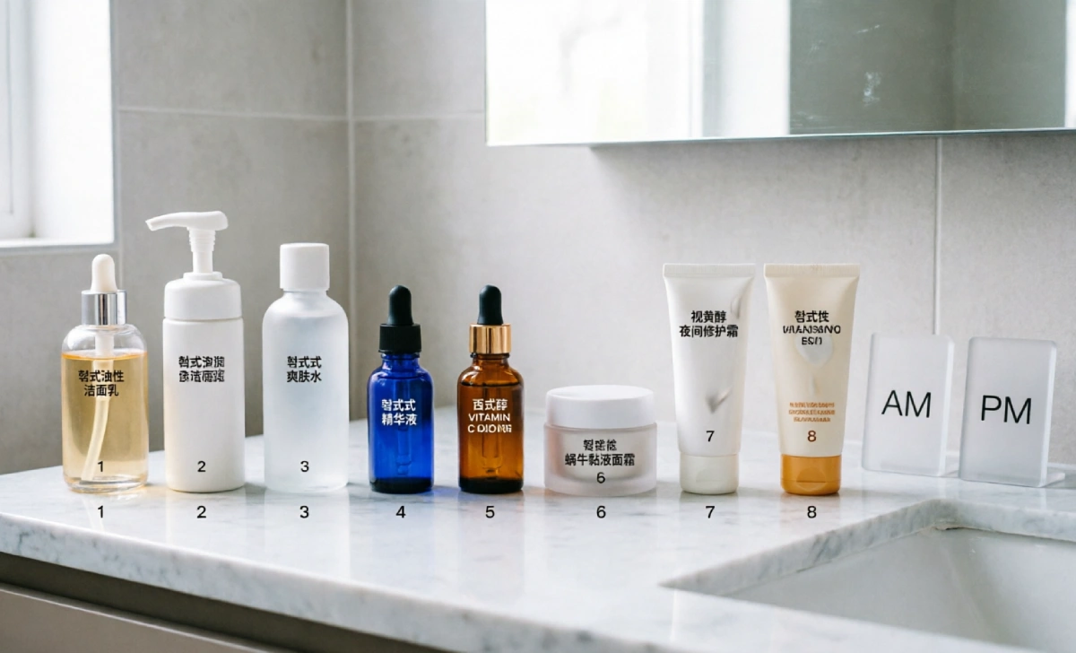 Hybrid skincare routine combining Korean hydrating products with Western active treatments like retinol and vitamin C for balanced results