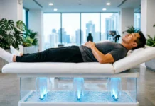 Top Hydromassage Benefits for Muscle Recovery and Pain Relief Person experiencing hydromassage benefits on a lounge bed for muscle recovery and full body relaxation