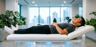 Person experiencing hydromassage benefits on a lounge bed for muscle recovery and full body relaxation