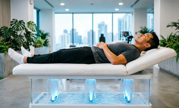 Person experiencing hydromassage benefits on a lounge bed for muscle recovery and full body relaxation