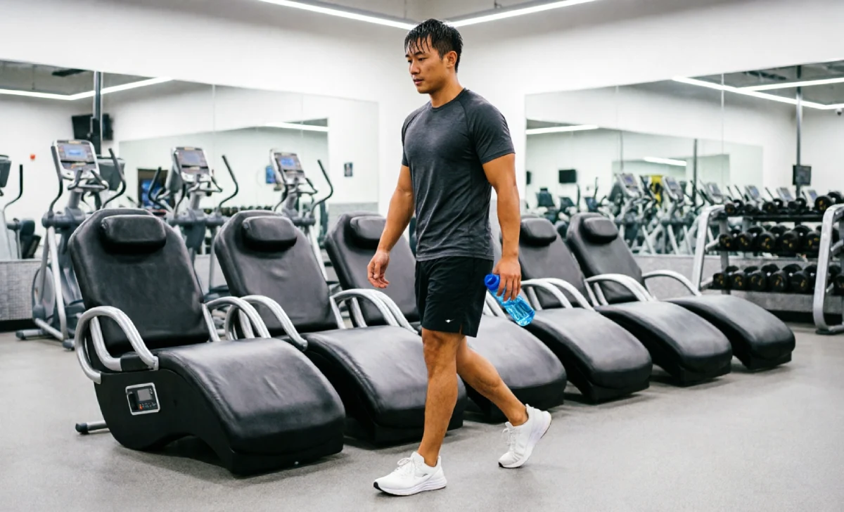 Athlete walking toward hydromassage lounge after workout to maximize hydromassage benefits for recovery