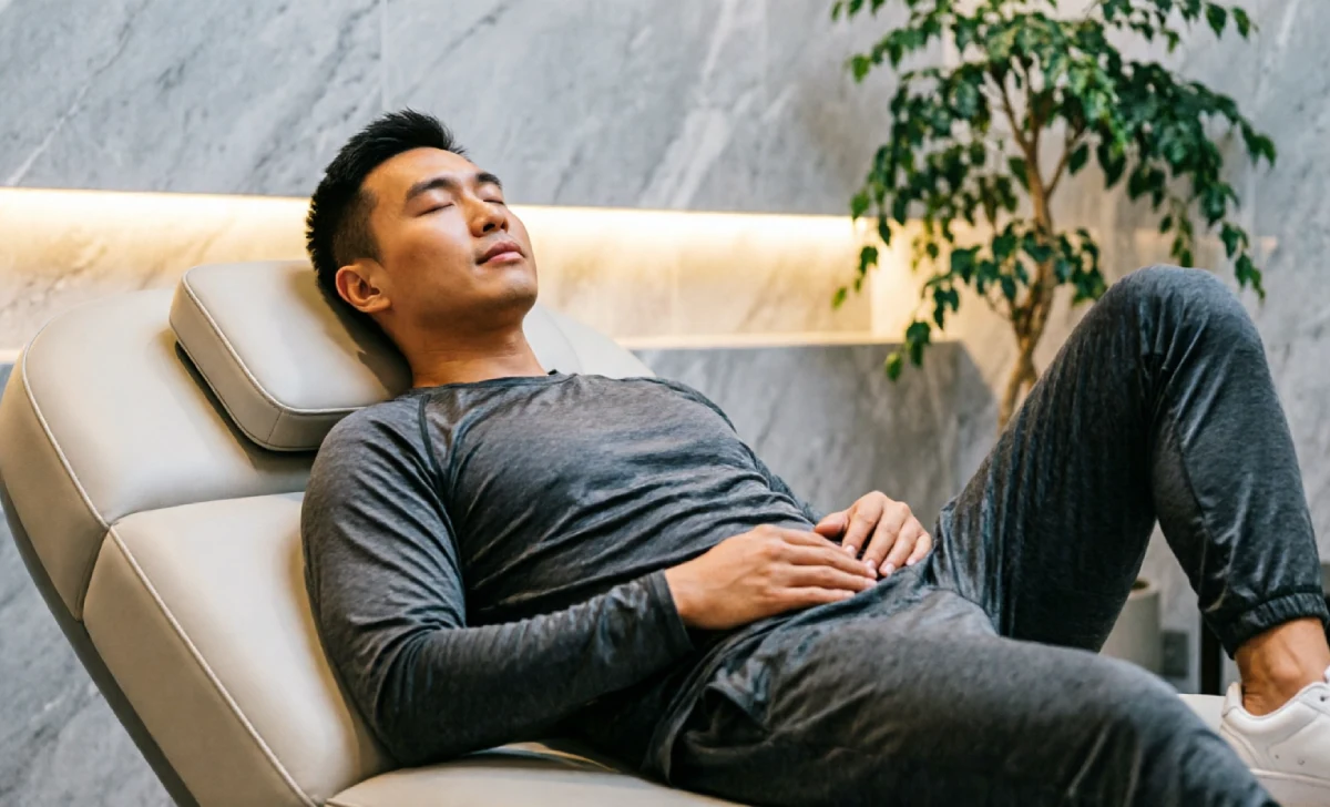 Relaxed person on hydromassage lounge showing hydromassage benefits for stress relief and mental wellness