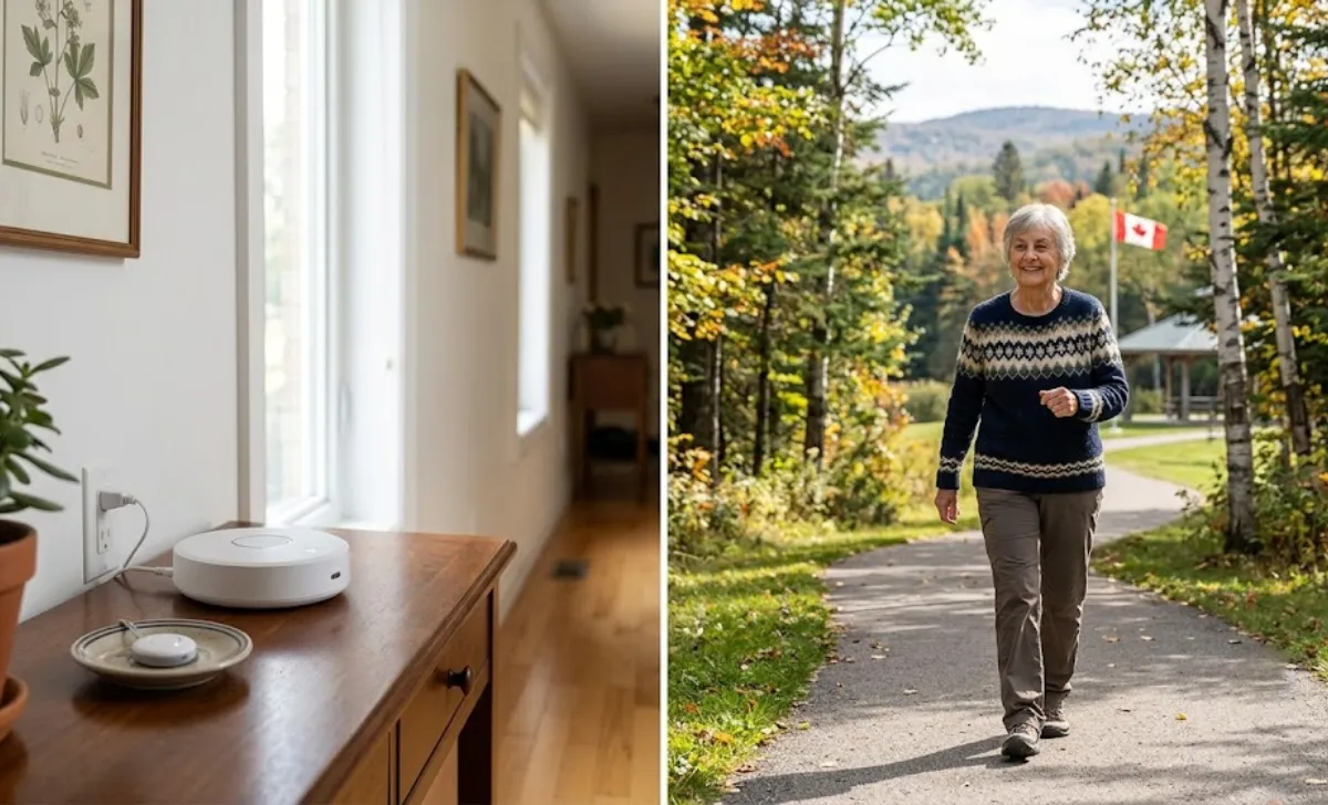 In-home vs mobile medical alert devices Ontario comparison showing base station and GPS wristband