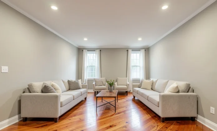 Interior Design Home Resale Value – Staged Living Room Staged living room showing interior design home resale value with neutral walls, hardwood floors and layered lighting