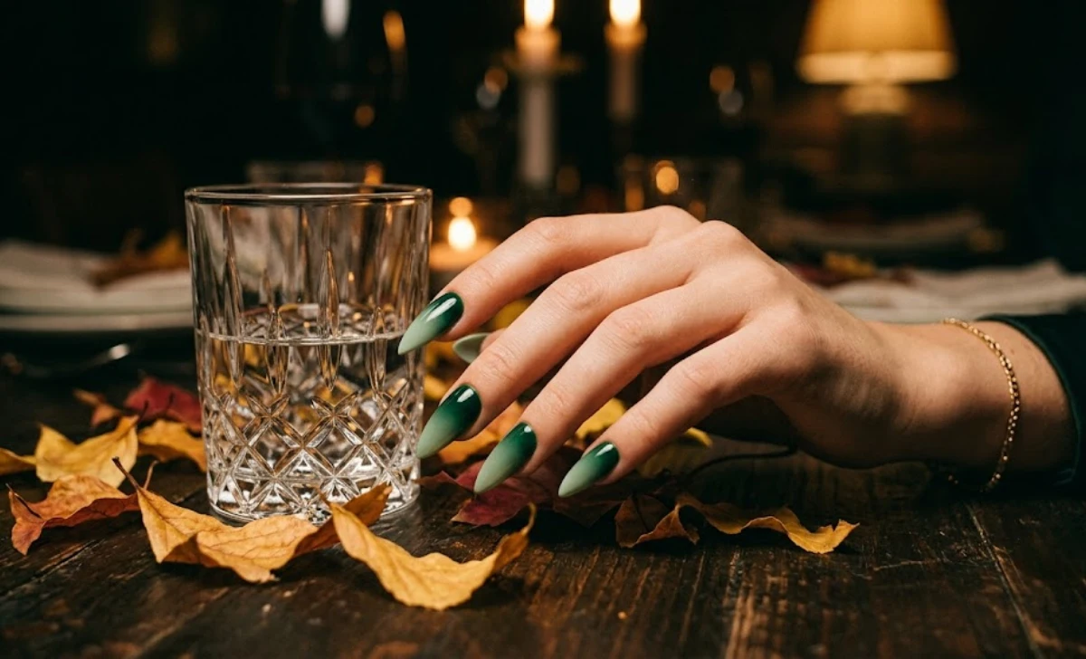 Fall ombre nail ideas with jewel-toned emerald and sage gradient for evening looks.