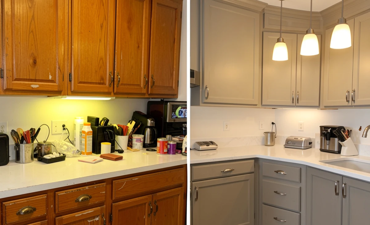Before and after kitchen upgrade for interior design home resale value showing painted cabinets, quartz counters and updated lighting