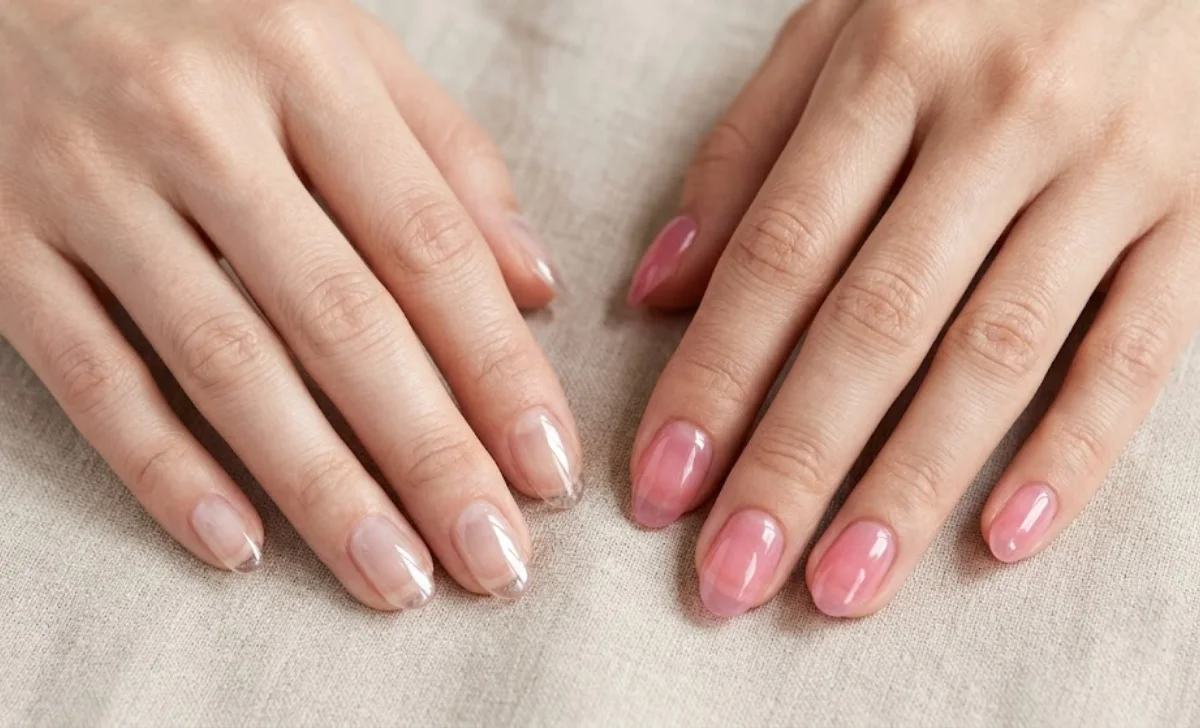 glass nails and jelly nails created with korean gel nail polish on natural hands with soft background