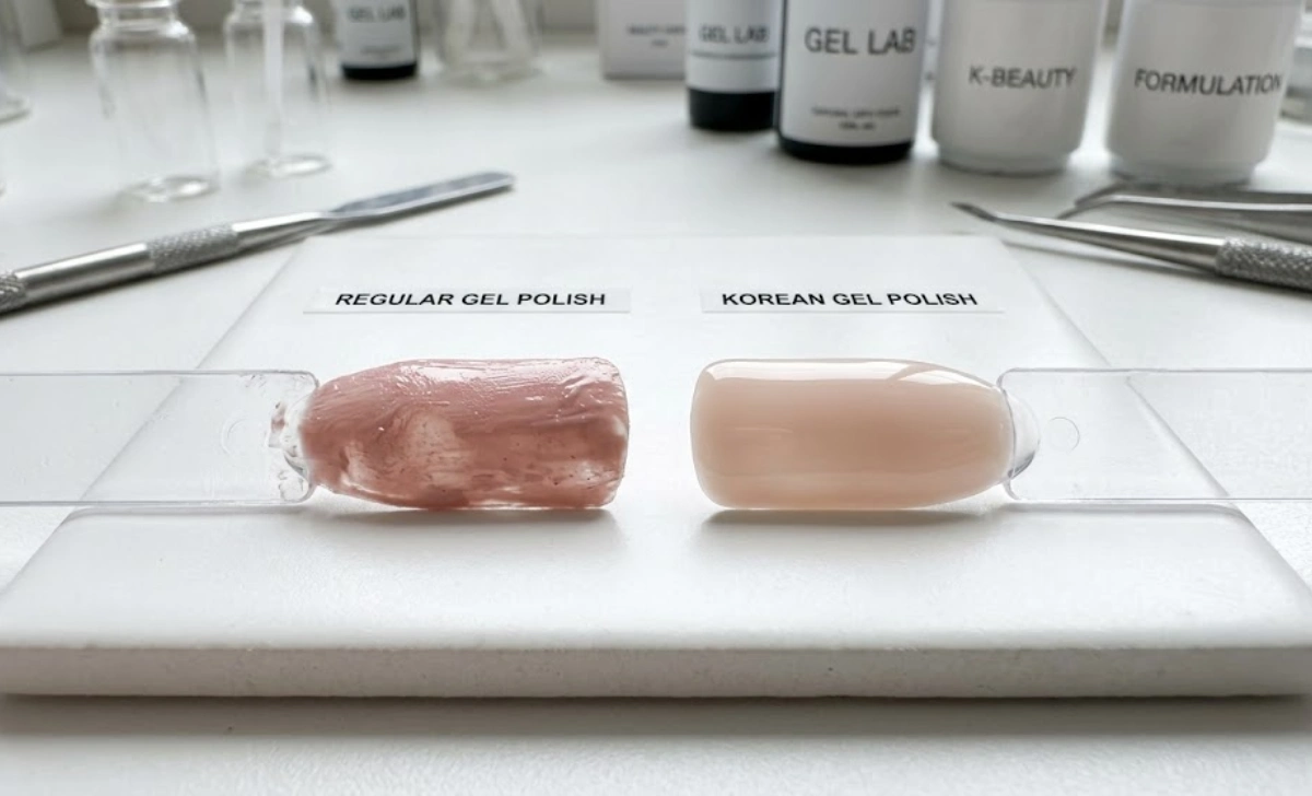 comparison of korean gel nail polish and regular gel showing smoother finish and higher shine