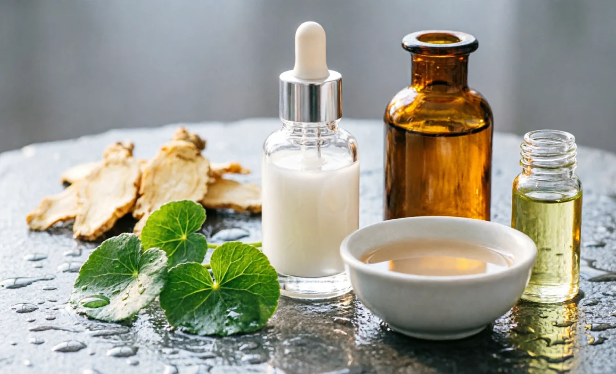 Korean skincare hero ingredients including snail mucin, propolis, centella asiatica, ginseng, rice water, and green tea for gentle hydration