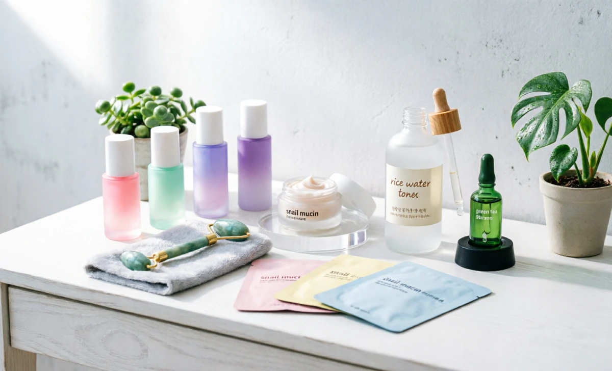 Korean skincare products including hydrating essence, sheet masks, snail mucin cream, jade roller, and gentle cleansers for glass skin routine