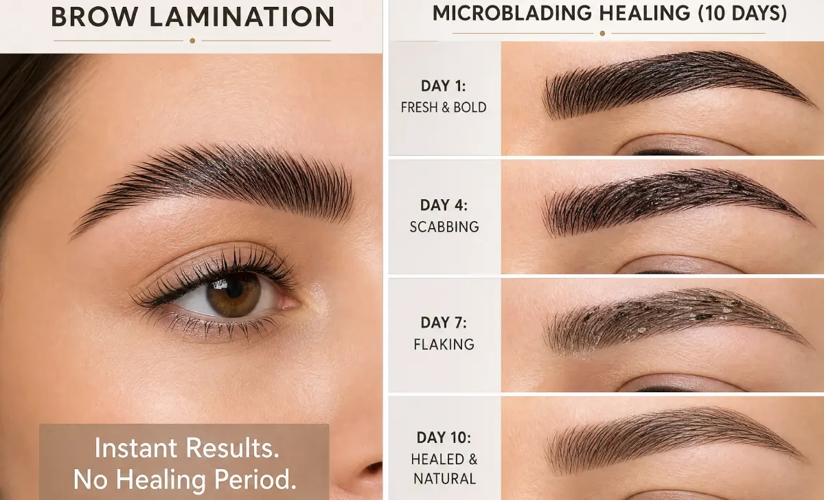 Side-by-side comparison of healing stages for brow lamination and microblading