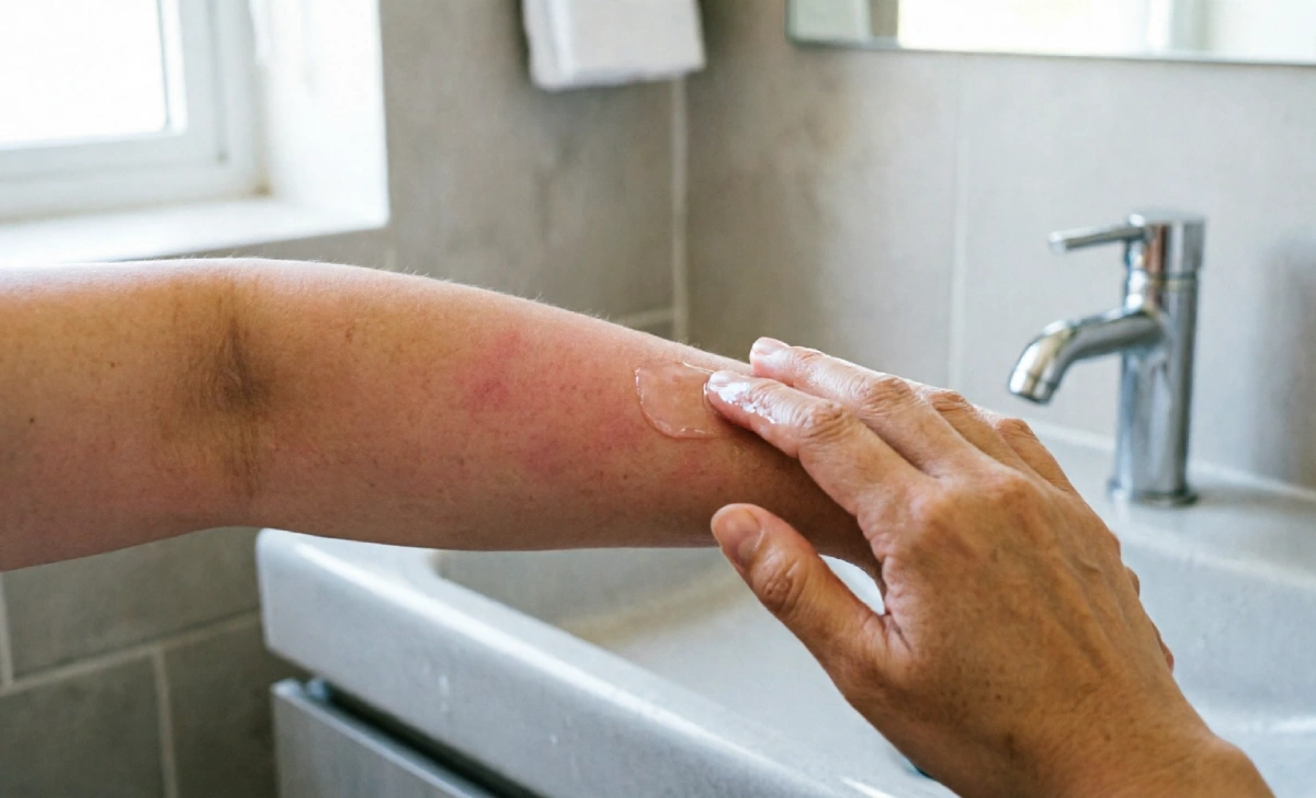 laser stretch mark removal recovery showing mild skin redness on day one with woman applying hyaluronic acid serum for aftercare