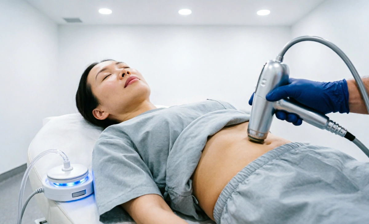 laser stretch mark removal session showing dermatologist using laser handpiece on relaxed patient in clean clinical setting
