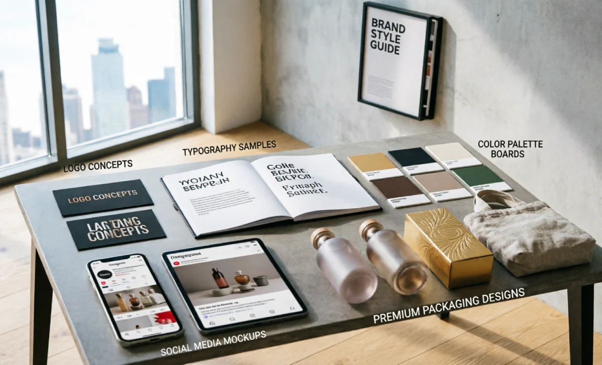 Lifestyle brands visual identity system showing logo, typography, color palette, packaging, and brand touchpoints.