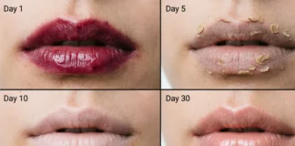 Lip blush healing process stages: dark lips day 1, peeling day 5, pale ghost phase day 10, soft pink lips week 4.